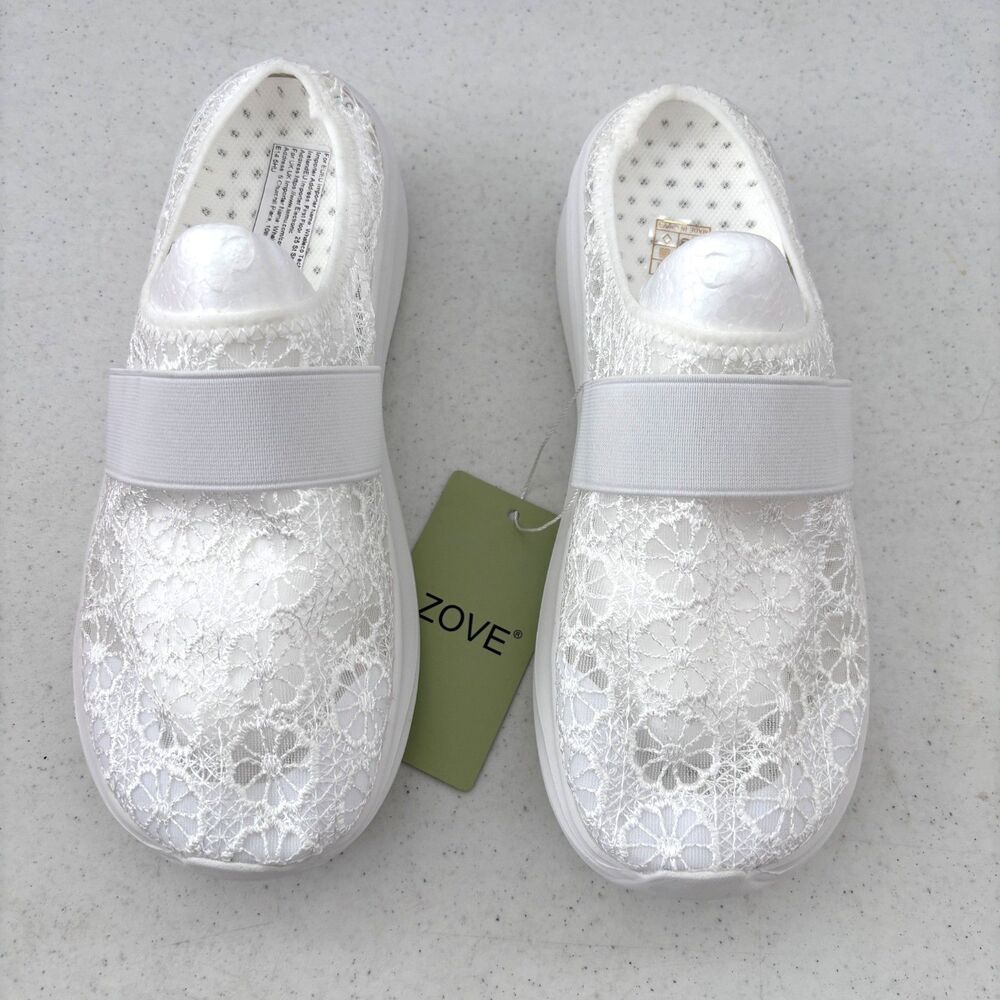 Womans Wide Toe Box White Lace Slip On Shoes 6.5 Sneakers Dainty Feminine